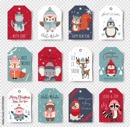 Cute animals christmas tags. Set of gift tags with Christmas characters. Happy celebrate xmas label.