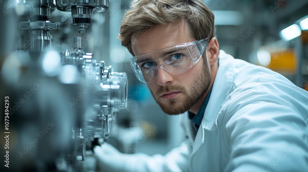 Focused engineer inspecting machinery in a laboratory setting Focused engineer inspecting machinery in a laboratory setting
