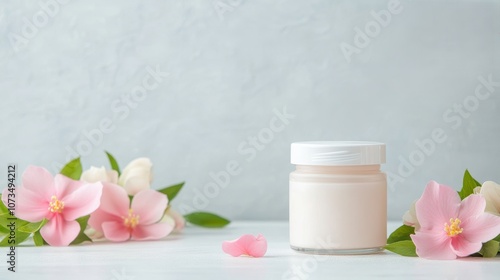 Elegant skincare product surrounded by delicate flowers photo