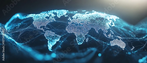 Fototapeta Naklejka Na Ścianę i Meble -  Abstract globe and world map on white background with blue wave elements, depicting global technology networks and business travel, generative AI design, futuristic feel