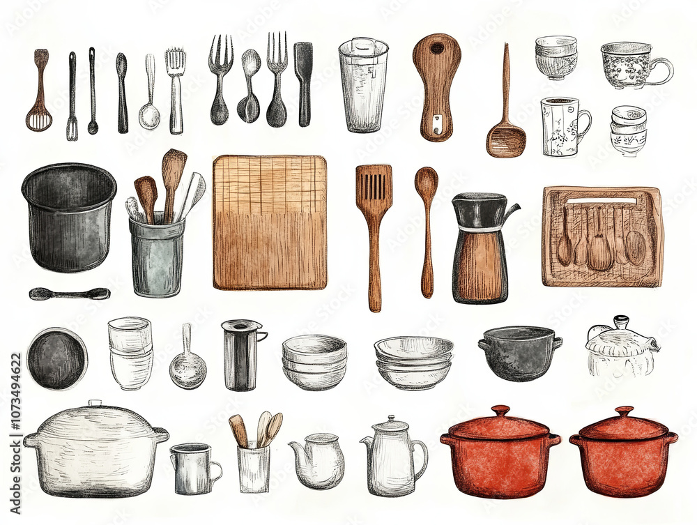 Fototapeta premium collection of various kitchen utensils and cookware, including spoons, forks, cups, pots, and cutting boards, displayed in artistic arrangement