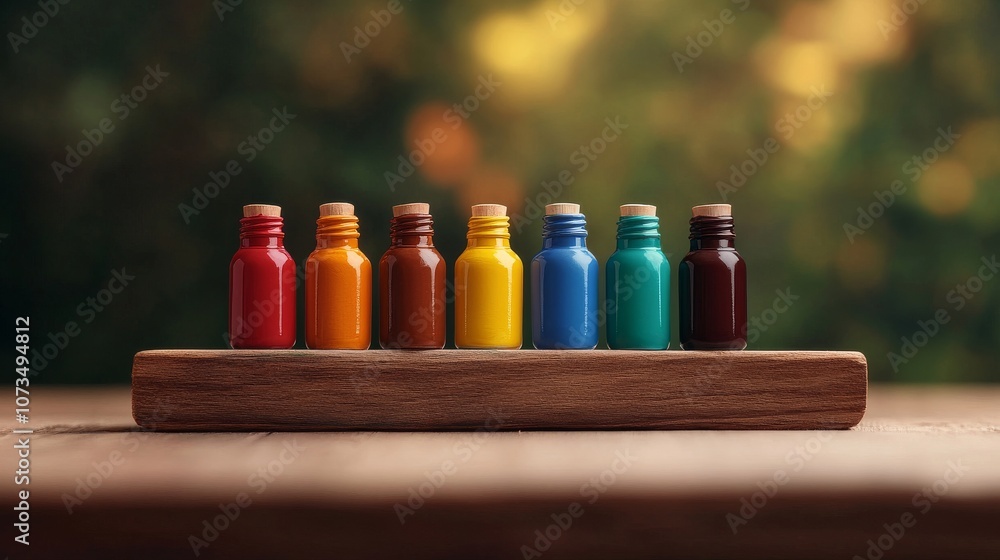 Vibrant paint bottles arranged on a wooden shelf Vibrant paint bottles arranged on a wooden shelf