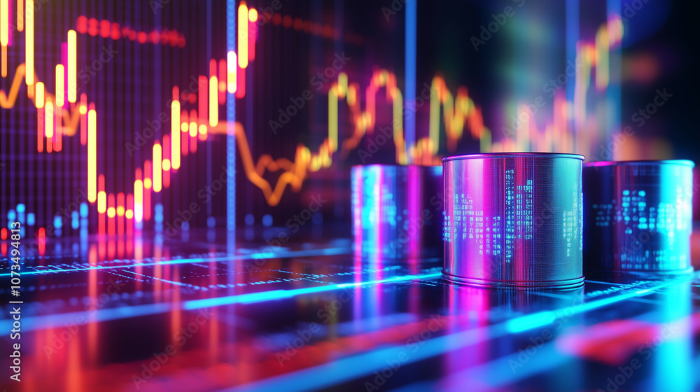 Crude Oil Barrels with Financial Charts in Energy Market Setting Crude Oil Barrels with Financial Charts in Energy Market Setting