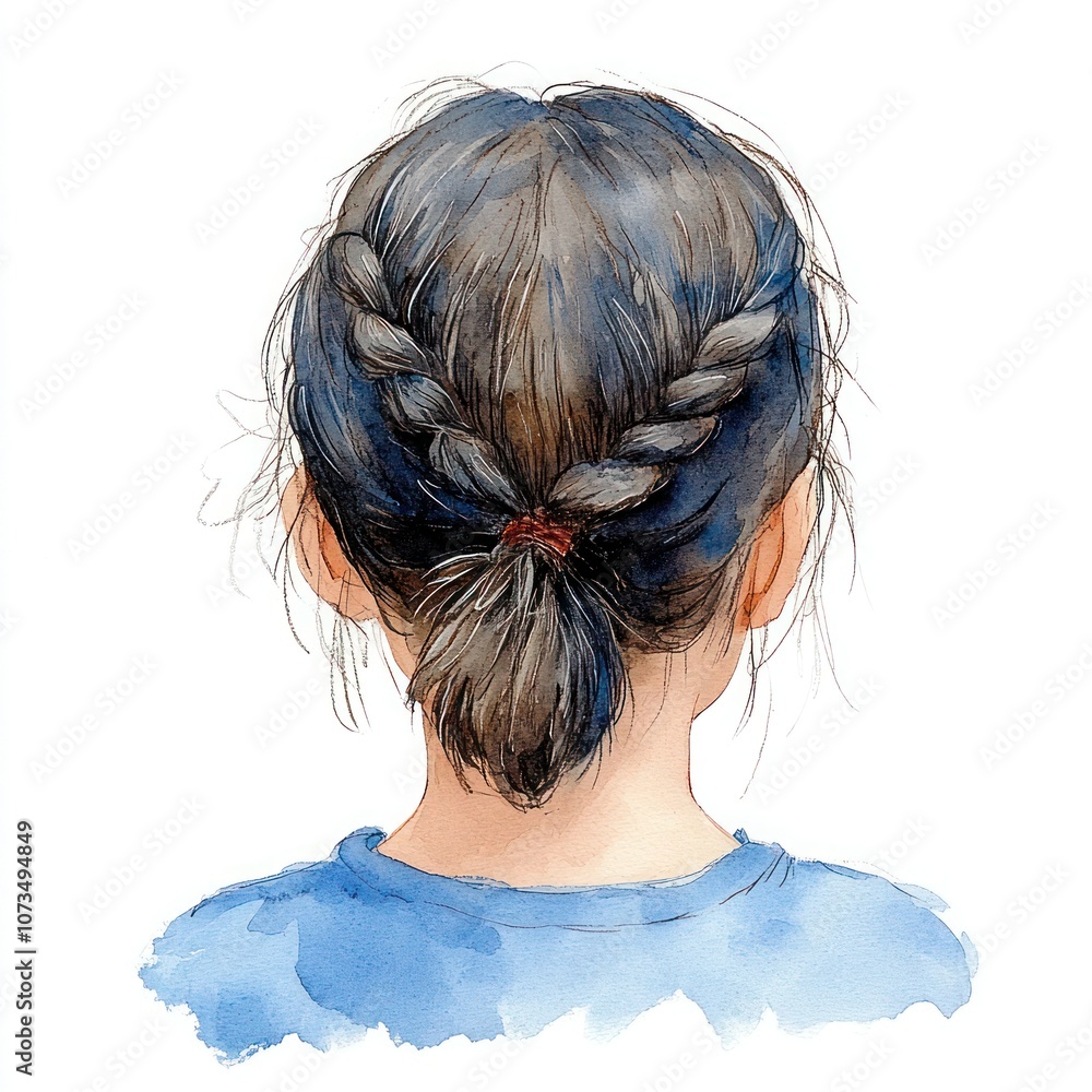 Naklejka premium Watercolor Illustration of Girl with Pigtail in Rear View, Isolated Background - Clipart