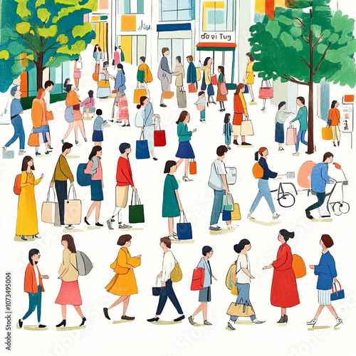 lively city street scene with diverse people walking, shopping, and interacting, surrounded by trees and buildings. vibrant atmosphere captures essence of urban life