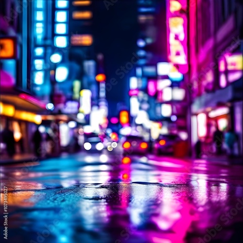 City Vibes: A Busy Street with Glowing Neon Lights in Bokeh