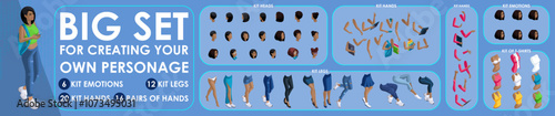 Isometric Woman Black characters constructor for designed. Set various action N4. Set of Students personages flat style illustration