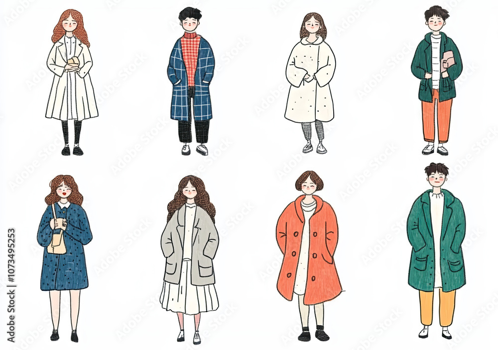 Illustration of eight people in stylish winter coats, showcasing diverse fashion styles and expressions. Each person is uniquely dressed, highlighting individuality and creativity Illustration of eight people in stylish winter coats, showcasing diverse fashion styles and expressions. Each person is uniquely dressed, highlighting individuality and creativity