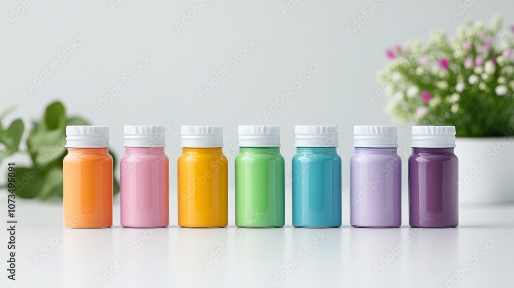 Colorful paint bottles arranged on a table Colorful paint bottles arranged on a table