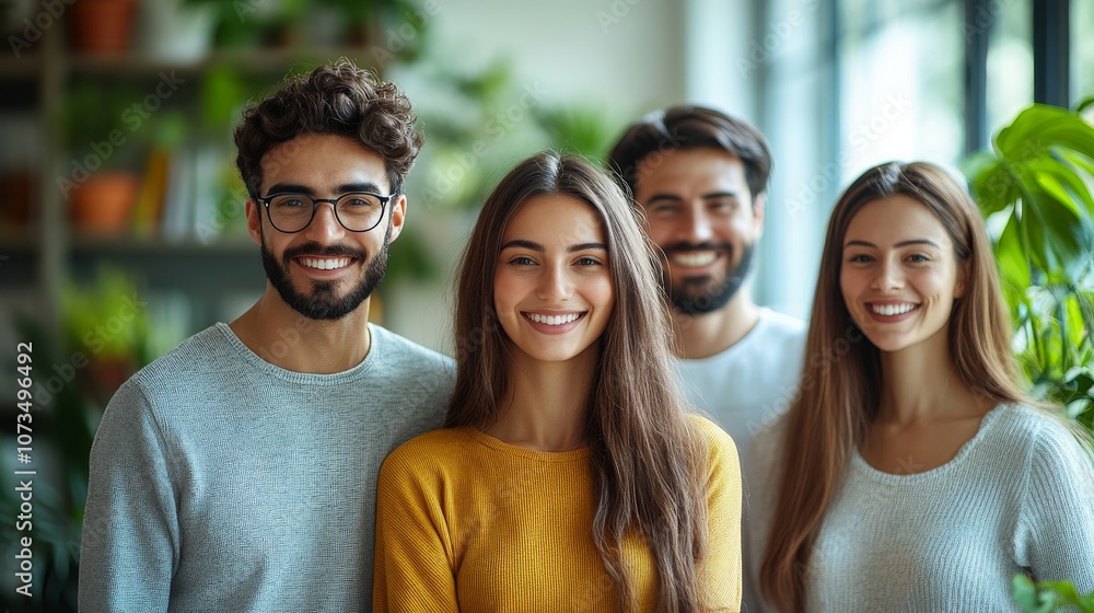 Smiling friends posing together in a bright indoor space Smiling friends posing together in a bright indoor space