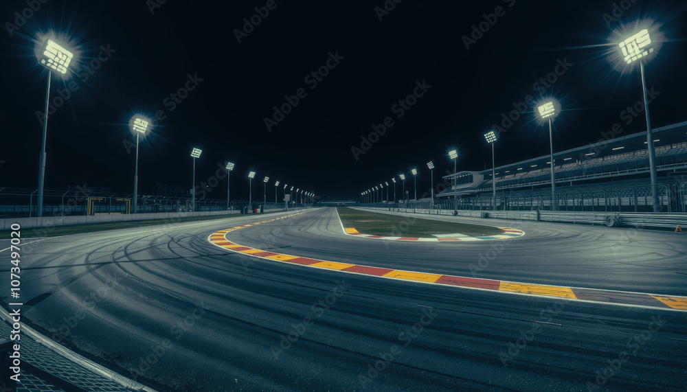 nighttime view of race circuit with bright lights illuminating track, showcasing smooth asphalt and colorful curbs. atmosphere is thrilling and dynamic