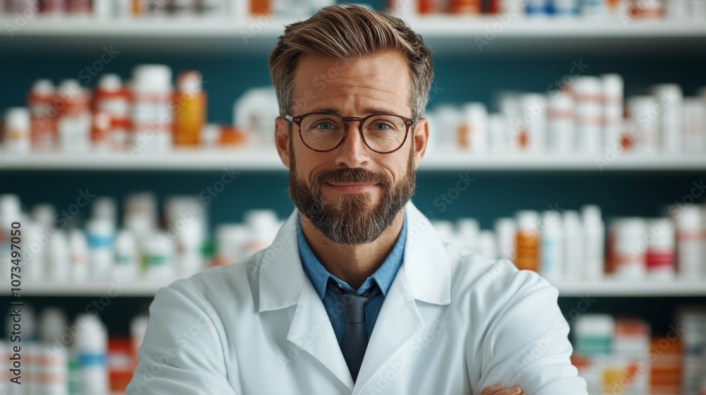 Confident pharmacist in a modern pharmacy setting Confident pharmacist in a modern pharmacy setting