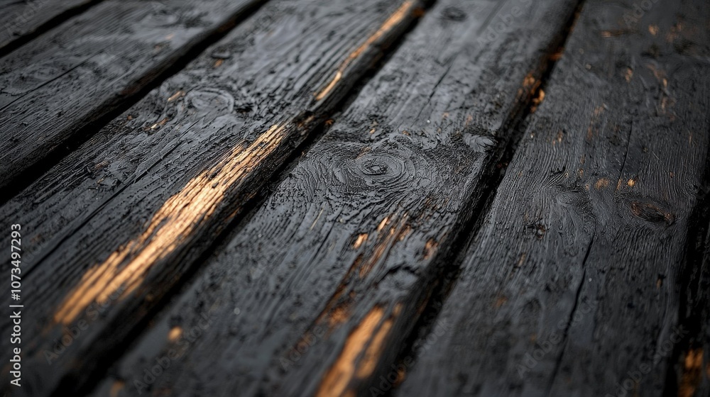 A close-up view of dark, weathered wooden planks with a textured surface. A close-up view of dark, weathered wooden planks with a textured surface.