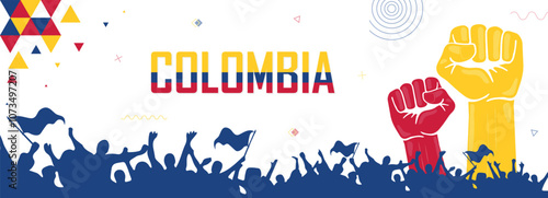 Colombia patriot banner, raised fist, human hands, crowd of people cheering, victory celebration, flag color combination, geometric abstract background design, strike, parade, riot, protest or rally