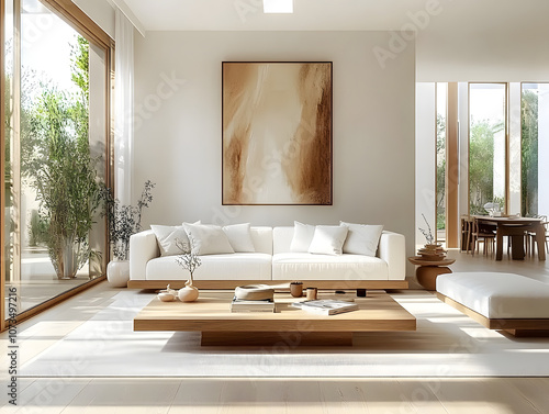 Minimalist interior design of modern bright and airy living room with a white sofa and wooden accents. Large abstract art and natural light bring warmth and elegance to the minimal decor.