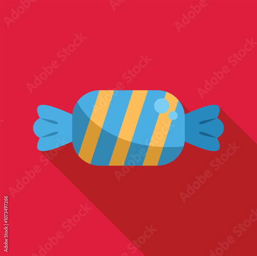 Blue and yellow striped hard candy wrapped in blue cellophane on a red background