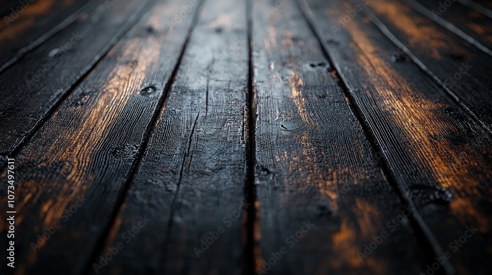A close-up view of dark, weathered wooden planks with a textured surface. A close-up view of dark, weathered wooden planks with a textured surface.