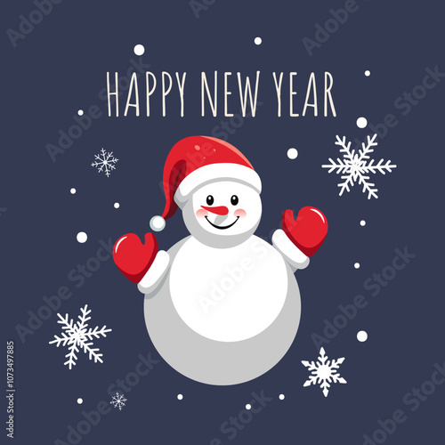 Happy new year. Christmas card with cute snowman. Childish holiday greeting card. Hello winter