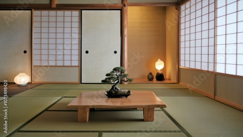 Minimalist Japanese-Inspired Living Room with Tatami Flooring and Bonsai