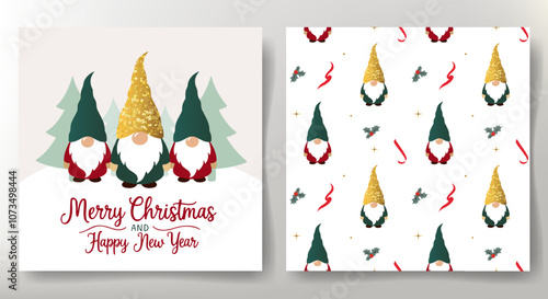 Merry Christmas card and seamless pattern with cute elves. Christmas elf. Winter characters.
