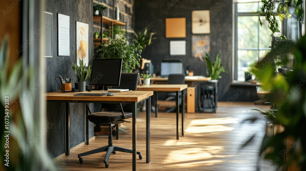 Modern small office space with plants, desks, and natural light Modern small office space with plants, desks, and natural light