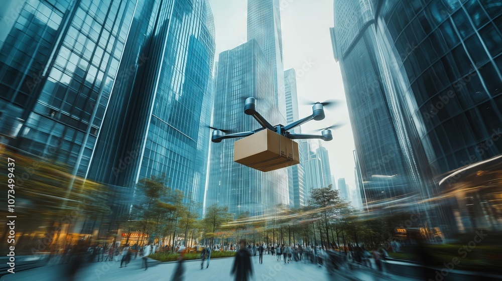 Obraz premium Drone delivering package in urban city center with motion blur