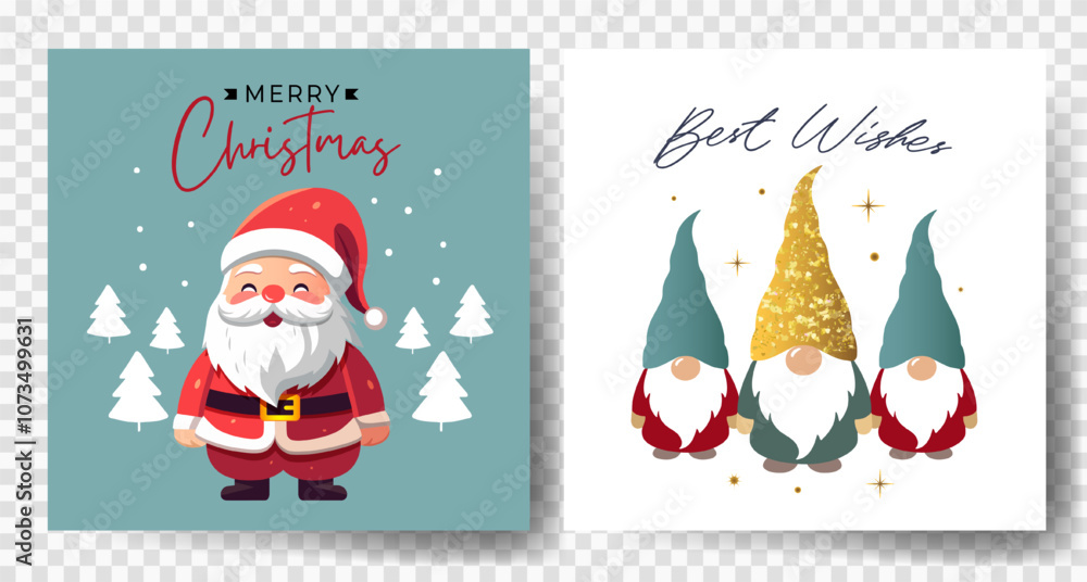 Fototapeta premium Christmas cards with cute winter characters santa, elf. Happy celebrate xmas tags. Childish greeting cards