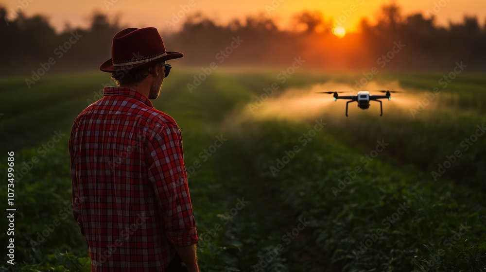 Farmer watching spraying drone at sunset in crop field Farmer watching spraying drone at sunset in crop field
