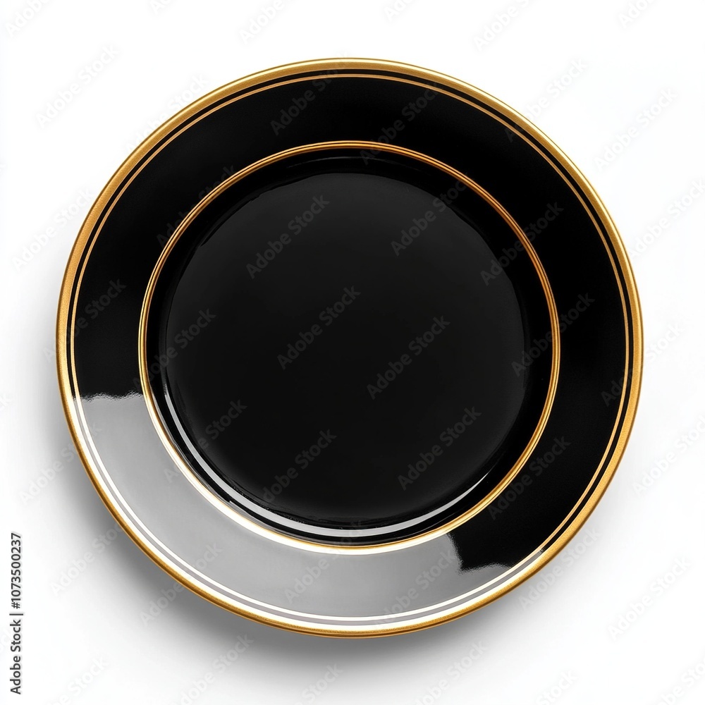 Black with golden coating empty plate in a dining setting isolated on white a background