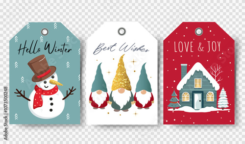 Happy celebrate xmas label, decorative elements. Christmas tags set with cute winter characters.