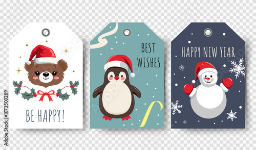 Christmas tags set with cute winter characters. Happy celebrate xmas label, decorative elements.