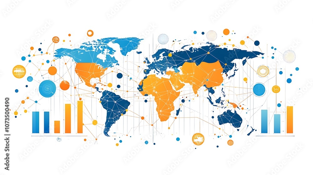 Naklejka premium A colorful world map with connecting dots and line earth map