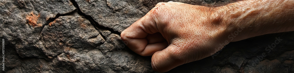 A hand grasping a rock, with cracks and scrapes showcasing its strength. A hand grasping a rock, with cracks and scrapes showcasing its strength.