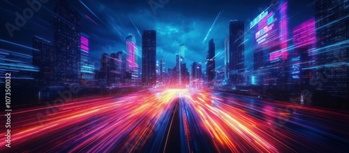 A long exposure shot of a highway through a futuristic city at night  with neon lights and streaks of light creating a vibrant and dynamic composition.