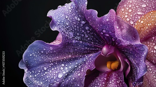 Hyperrealistic Purple Orchid with Dew Drops on Black Background