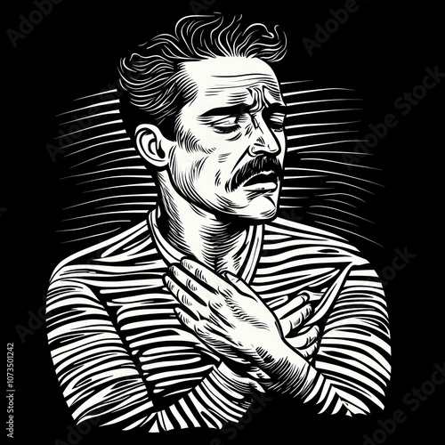 Black-and-white vector illustration of a man with slicked-back hair and a mustache, wearing a striped shirt and clutching his chest in pain. 