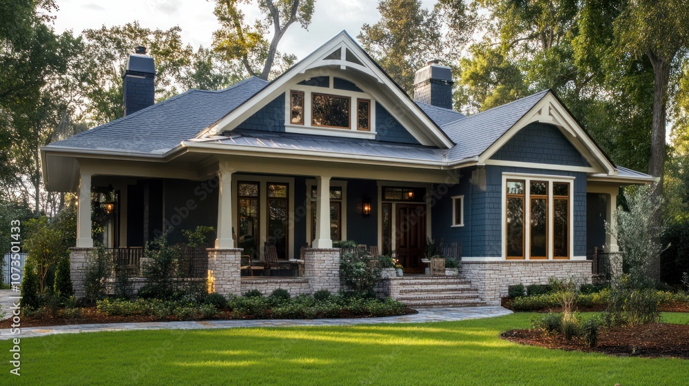 Charming Craftsman-Style Home with Covered Porch, Stone Accents, and Lush Green Landscaping Charming Craftsman-Style Home with Covered Porch, Stone Accents, and Lush Green Landscaping