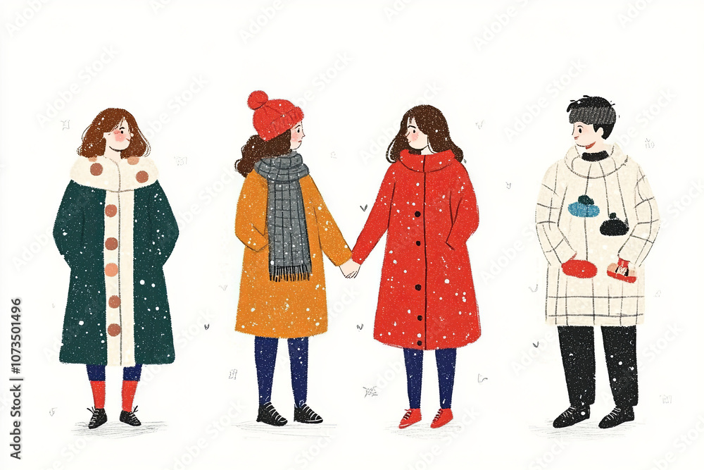 Four people in winter coats stand together in falling snow, two holding hands Four people in winter coats stand together in falling snow, two holding hands