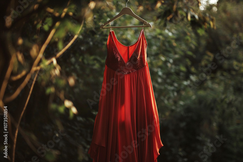 Red dress on a hanger, suspended from a tree branch. Red dress day concept