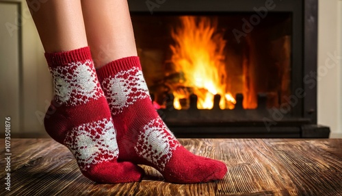 Woman legs with christmas socks and fireplace in home interiro photo