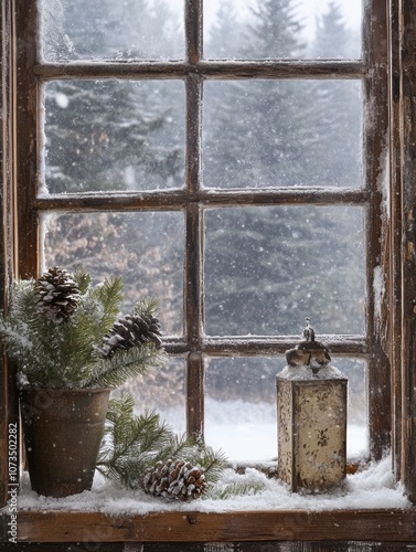 Snowy Window View with Pine...