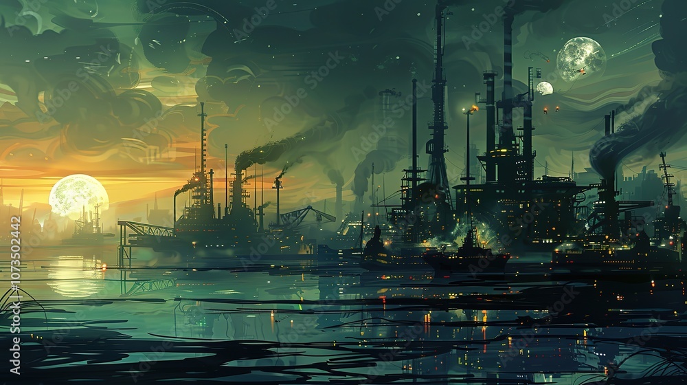 Obraz premium Industrial Waterfront Scene with Tar-Stained Harbor and Oil Slicks - Ships Departing Under a Gradient Sky