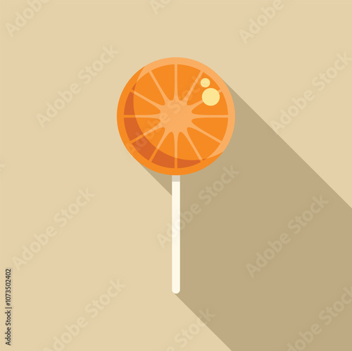 Round orange lollipop with white stick casting a long shadow on a beige background