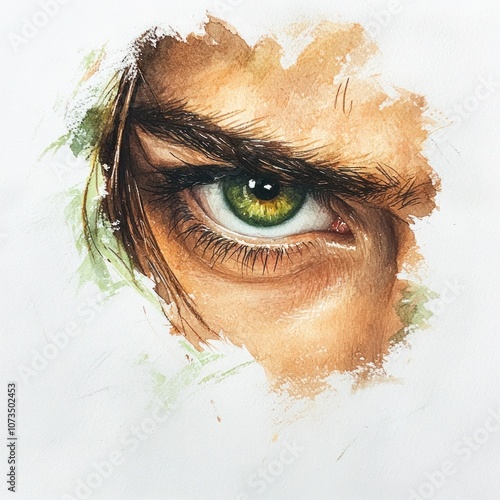 Green Watercolor Portrait of Person with Envious Stare