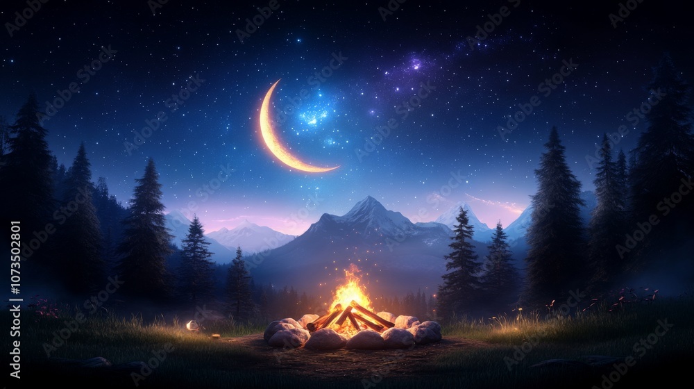 Serene night scene with campfire under a crescent moon Serene night scene with campfire under a crescent moon