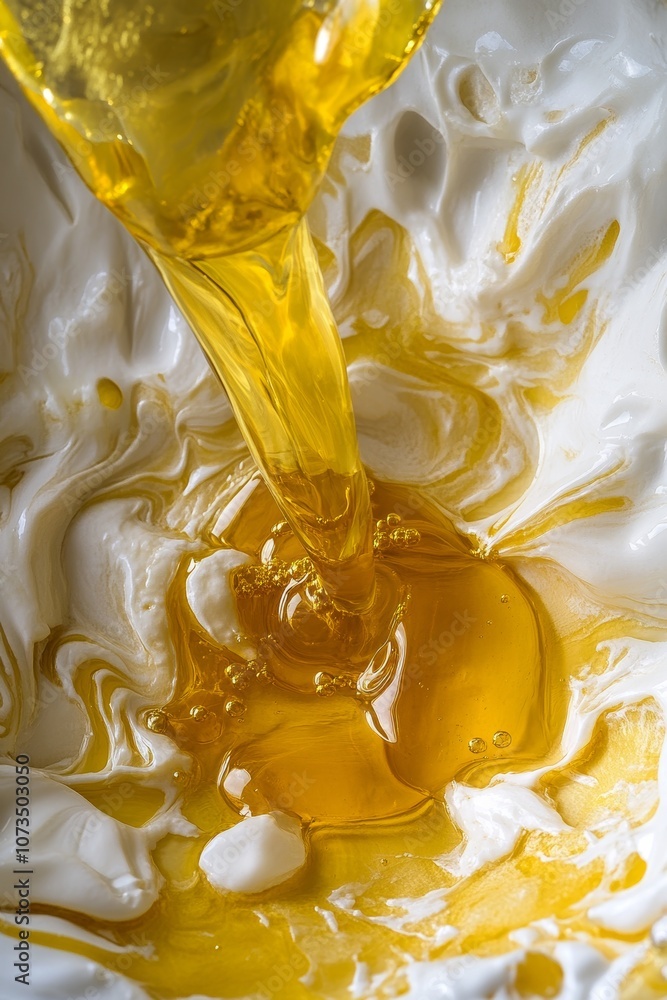 Golden honey pouring into creamy yogurt swirl Golden honey pouring into creamy yogurt swirl
