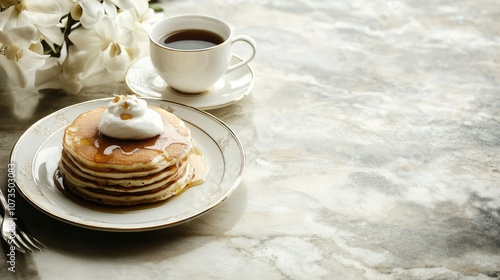 Delicious Pancakes with Syrup and Coffee on Table photo