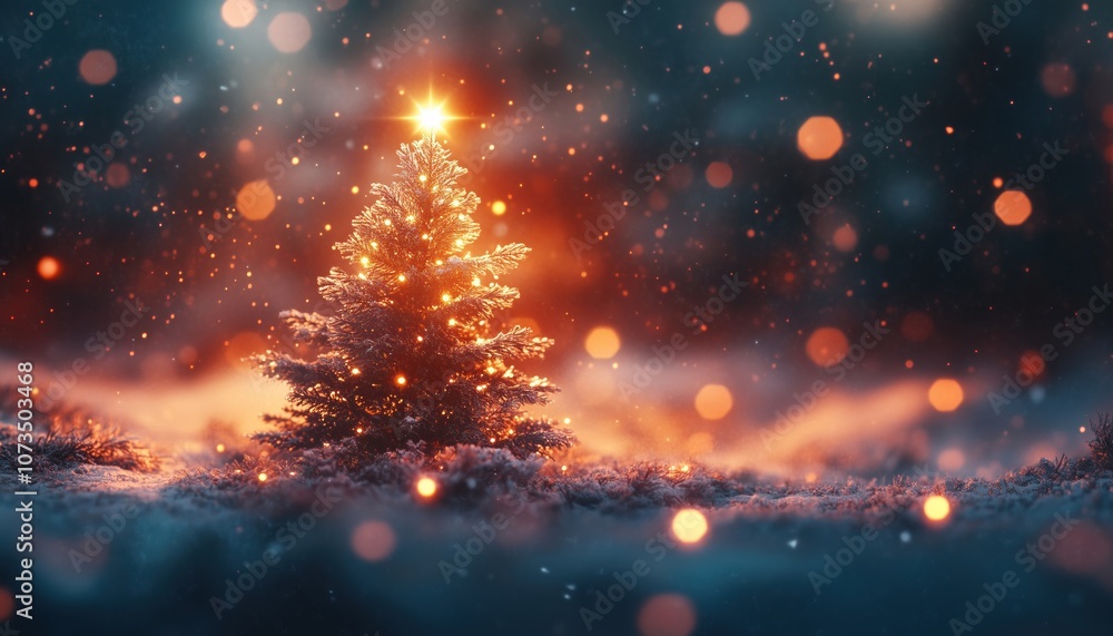 Naklejka premium Festive Winter Scene With Snow-Covered Christmas Tree And Magical Bokeh Lights - Christmas Panorama With Ample Copy Space - Abstract Winter Landscape