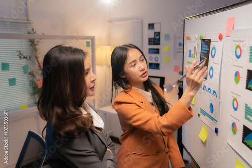 Two young asian businesswomen reviewing marketing data displayed on a whiteboard, discussing strategies and analyzing performance during an office presentation