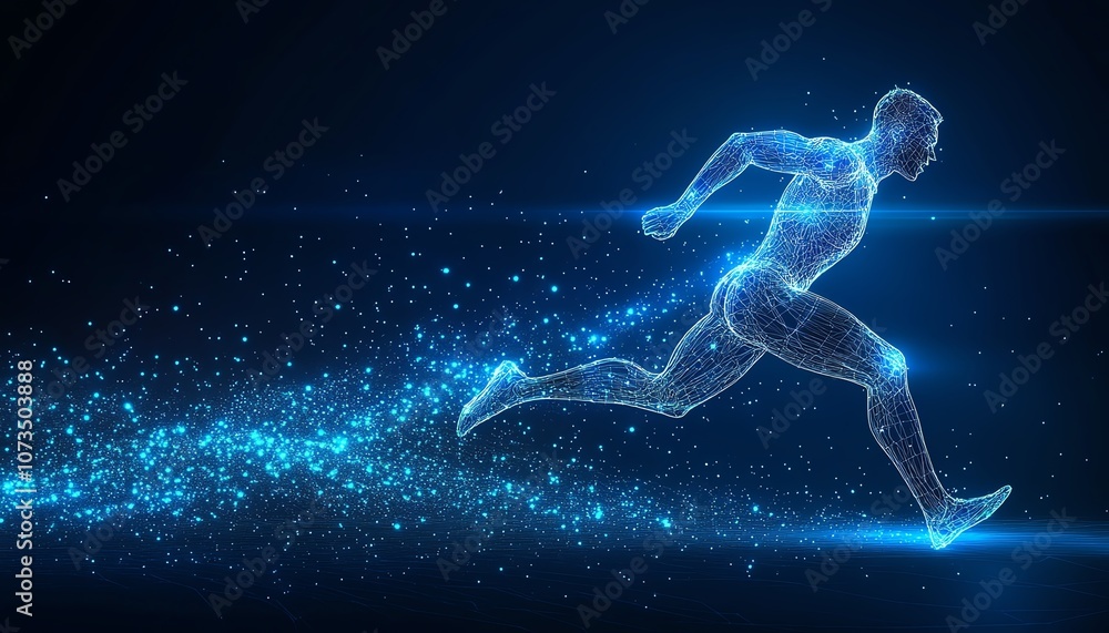 Dynamic blue glowing wireframe of a runner on a dark blue backdrop, illustrating a digital health and fitness concept for training and athletic performance, Generative AI Dynamic blue glowing wireframe of a runner on a dark blue backdrop, illustrating a digital health and fitness concept for training and athletic performance, Generative AI